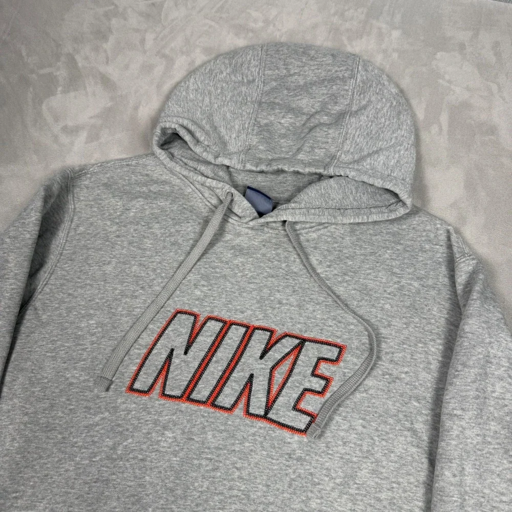 Y2K Mens Nike Spellout Embroidered Fleece Hoodie Heather Grey Large